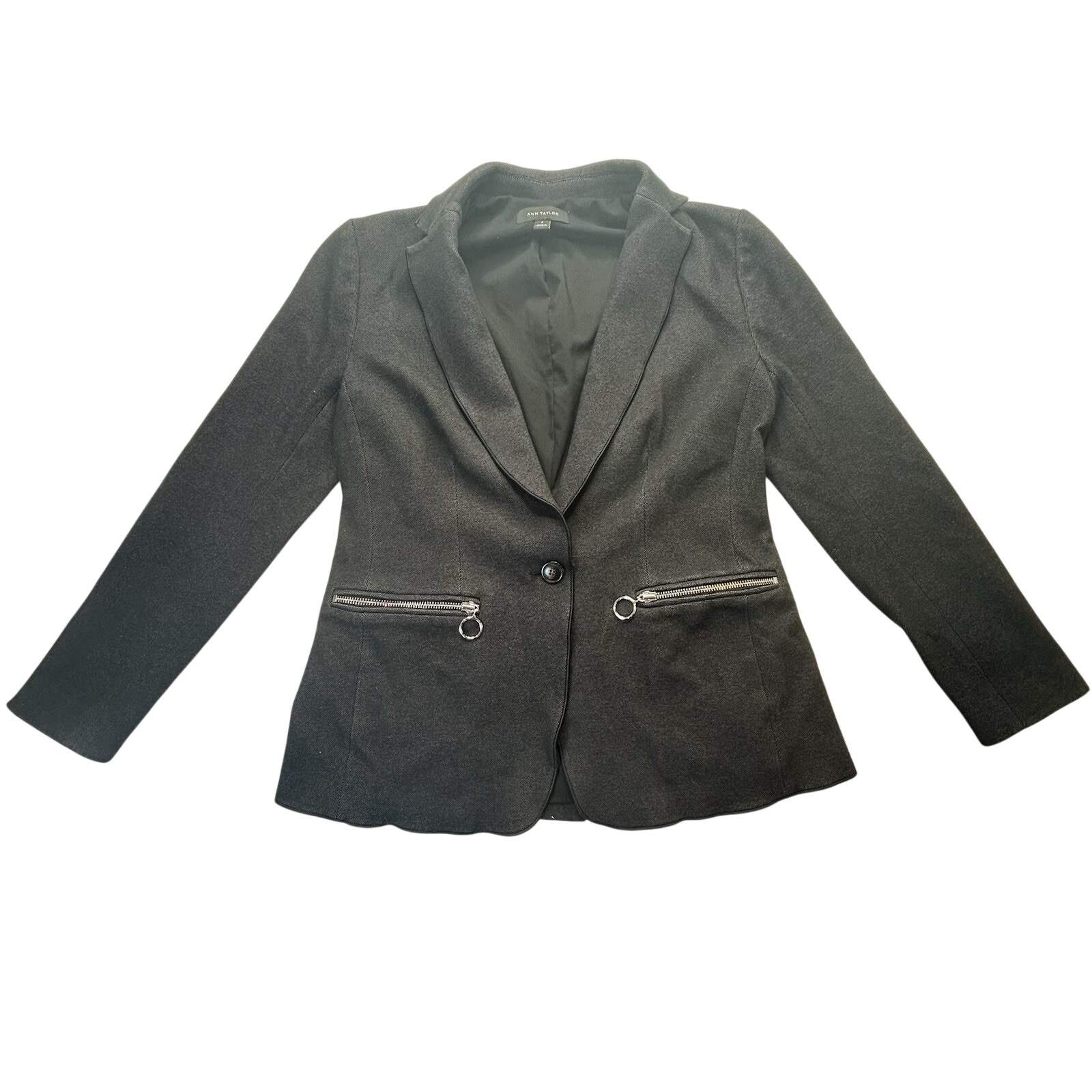 Ann Taylor Black Zip Pockets Cotton Stretch Blazer Size 8